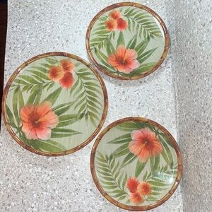 Bed Bath & Beyond Tropical Floral Faux Bamboo Rimmed Dinnerware Set of 3 Melamin